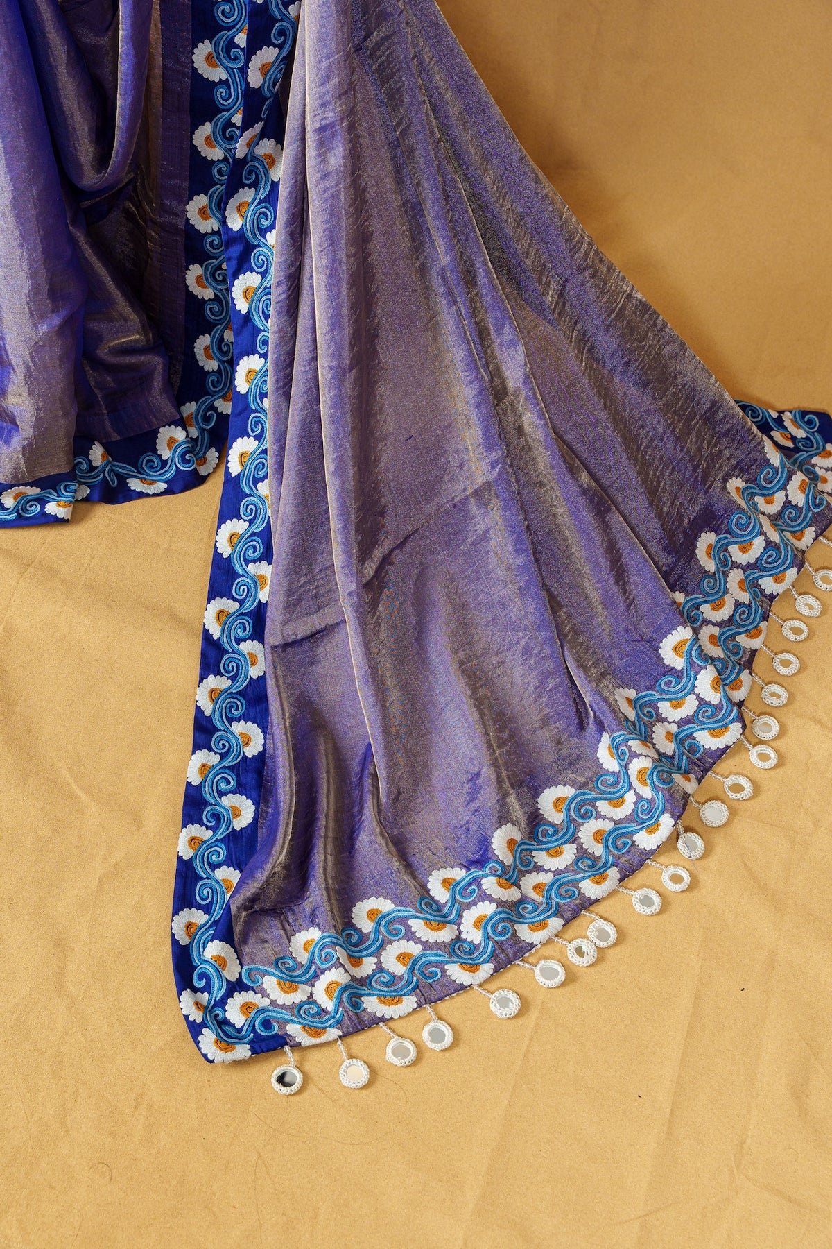 Royal Blue Tissue Saree With Aari Work And Bandhani And Aari Blouse-Unstitched