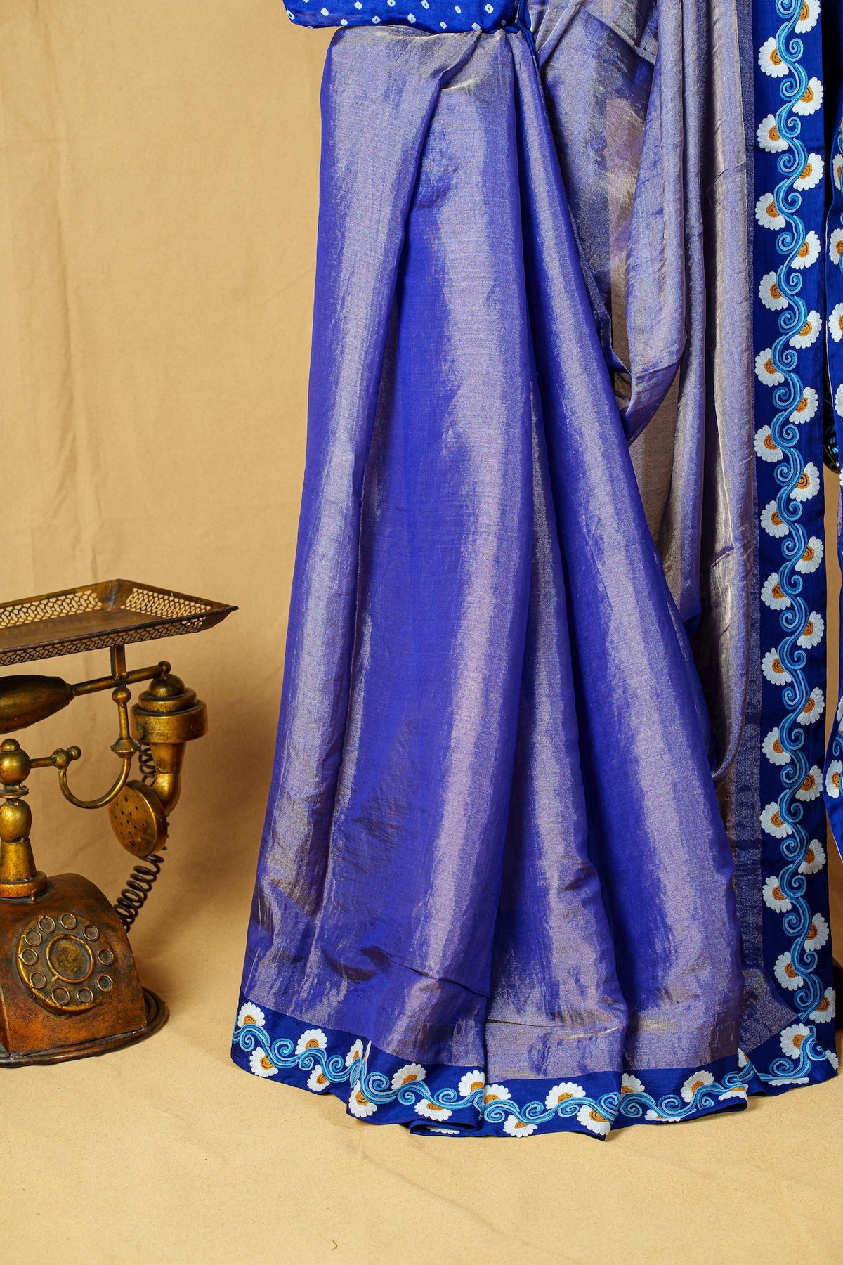 Royal Blue Tissue Saree With Aari Work And Bandhani And Aari Blouse-Unstitched