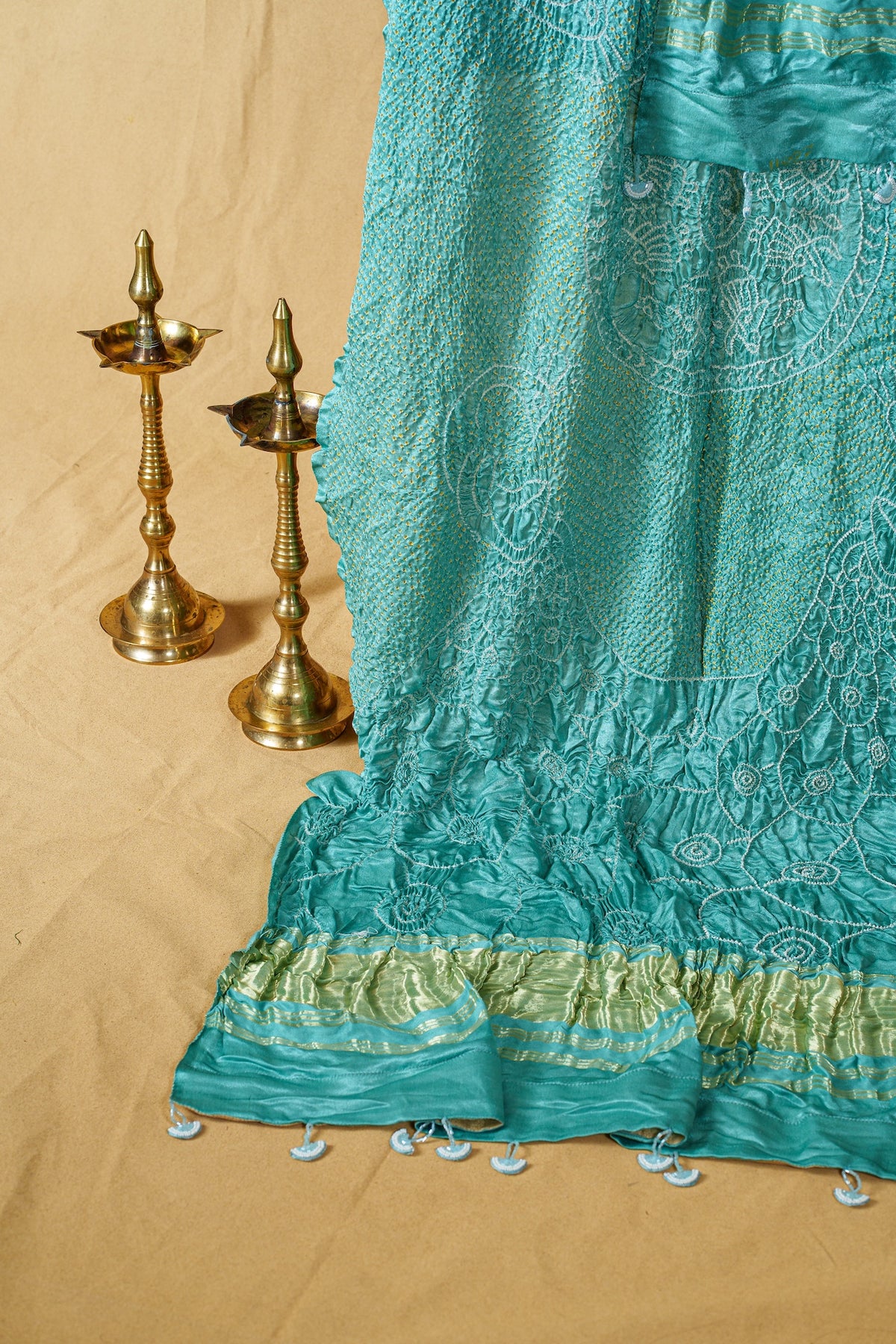 Sea Green Silk Bandhani Dupatta With Figurative Peacock Motifs